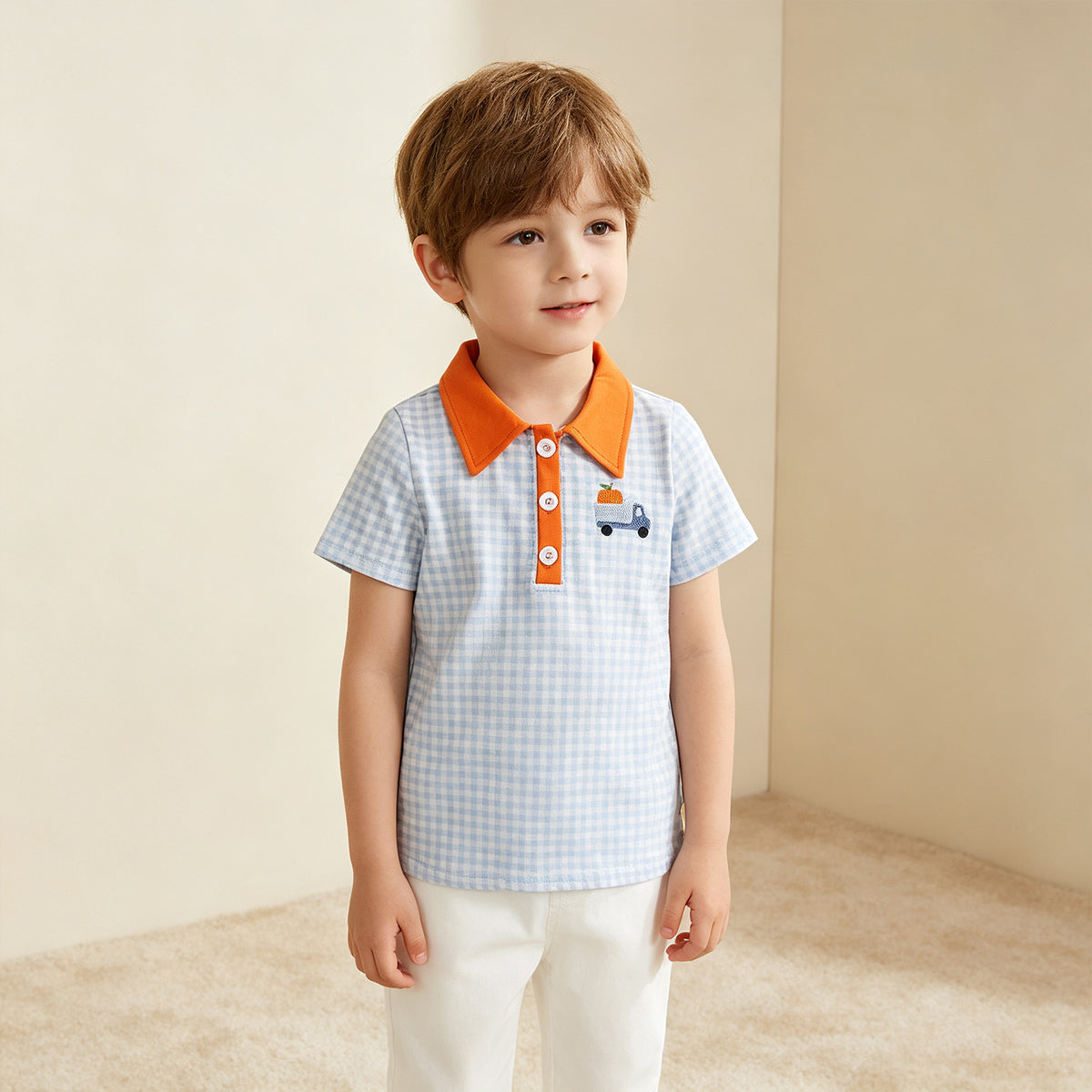 RTS NO MOQ （In stock）milk silk BT1890 Embroidery Pumpkin Baby Boys Blue Checked Truck Fall Button Polo Shirts Top