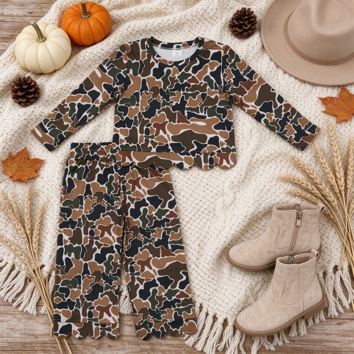 RTS NO MOQ （In stock）milk silk GT1688+P1145 Baby Girls Dark Brown Camo Scallop Trim Long Sleeve Top And Pants Pajama Set