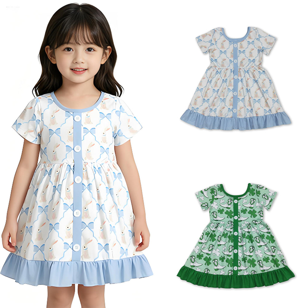 4.15 RTS Sibling Short sleeves bow rabbit ruffle girls Easter dresses