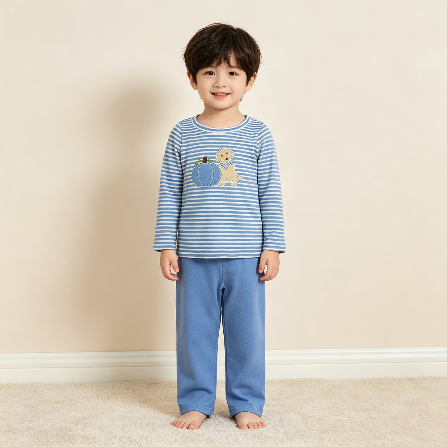 RTS NO MOQ （In stock）milk silk BLP1500 Embroidery Boys Blue Stripe Pumpkin Dog Print Long Sleeve Top Pant Two Piece Fall Set