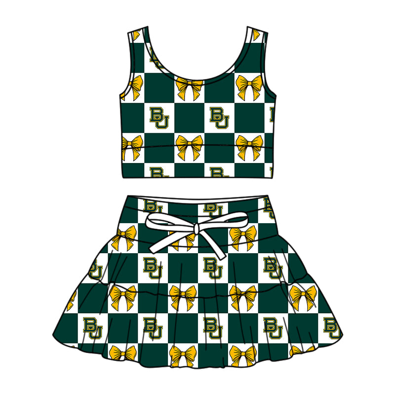 CUSTOM MOQ 5 Sibing Kids Clothing for Girls Baby Girls Green Bow Top Skirts Yoga Active Team Clothes Sets Knee Length Dress Shorts
