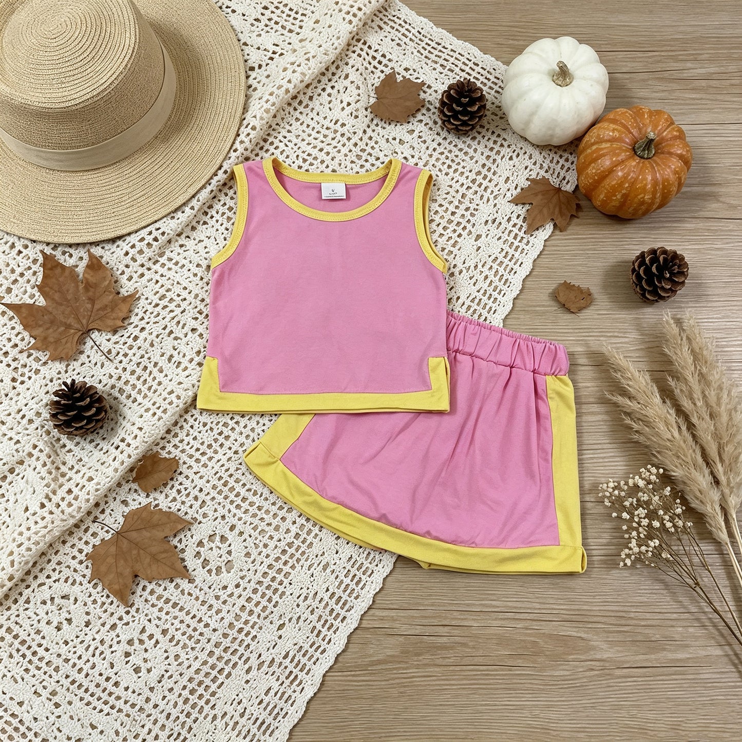 GSD4187 RTS NO MOQ （In stock） yoga fabric Baby Girls Pink Yellow Sleeveless Vest Top Skirt Short Clothes Sets