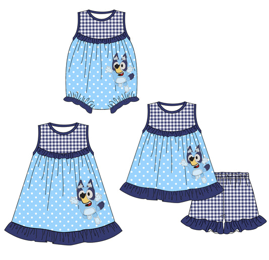 Baby Girls Blue Dots Dogs Tunic Ruffle Shorts Clothes Sets