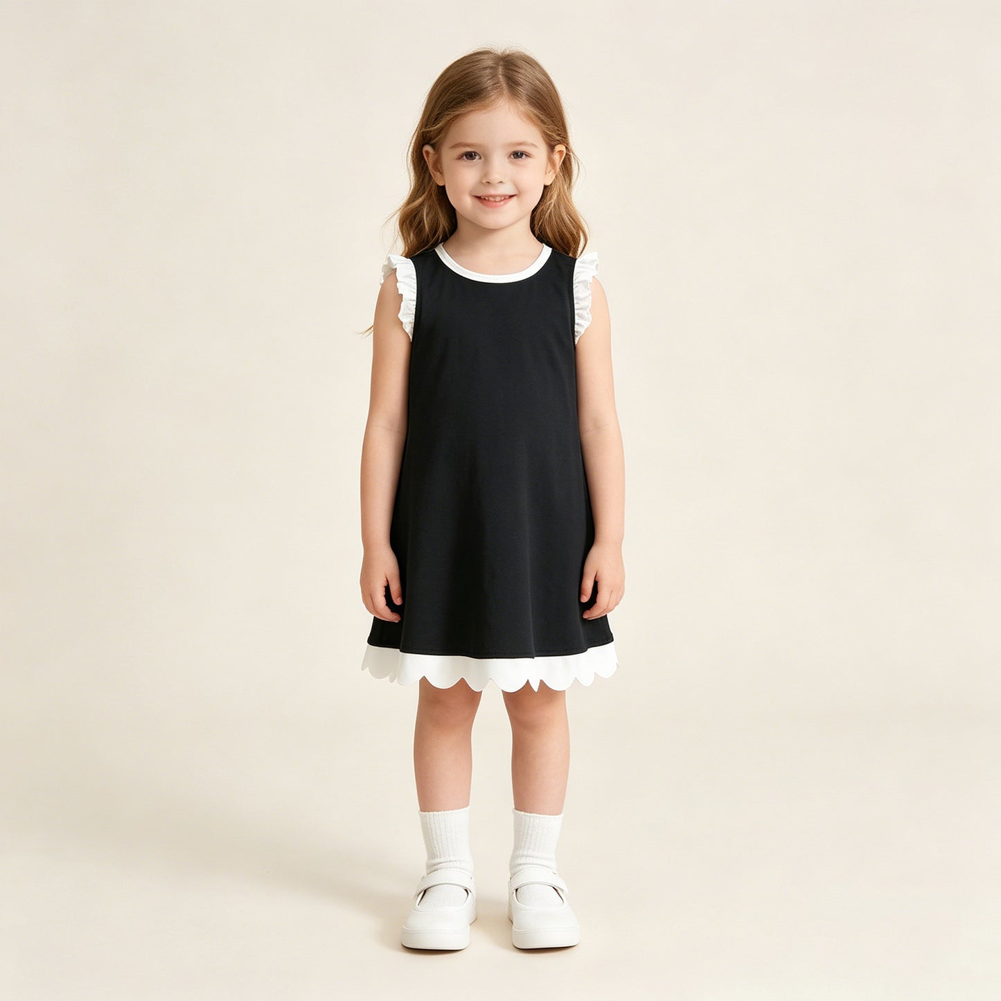GSD4059 RTS NO MOQ （In stock）White scallop ruffle sleeveless black girls cotton dress