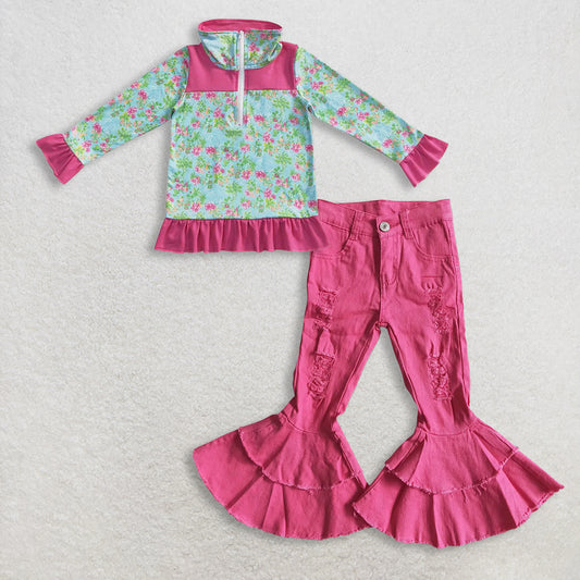 11.1 RTS NO MOQ （In stock）GT0299 + D14-14 Baby Girls Green Floral Zip Pullover Tops Denim Bell Pants Jeans