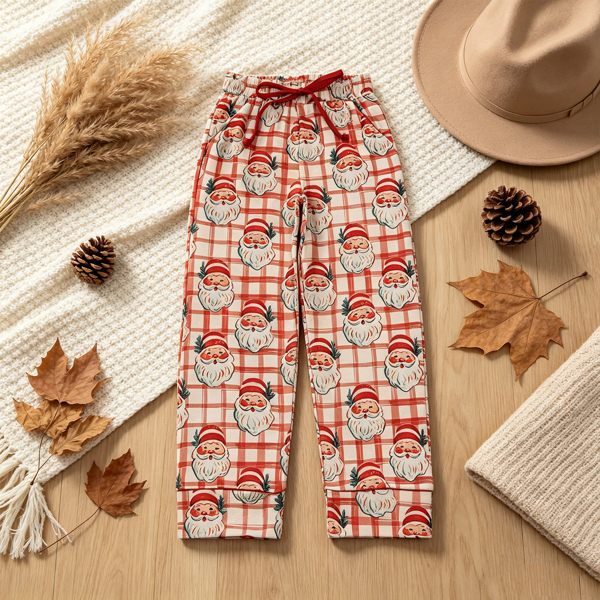 RTS NO MOQ milk silk P1096 Adult Women Red Checked Santa Christmas Pants Bottom