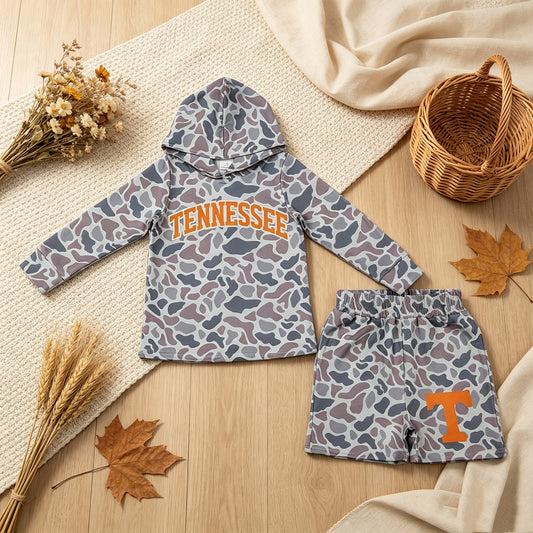 RTS NO MOQ milk silk BLS0042 Baby Boys Grey Camo Orange Letter Print Long Sleeve Hoodie Casual Shorts Team Clothes Set