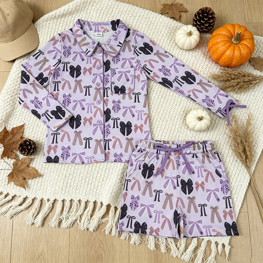GLS0120 RTS NO MOQ （In stock） milk silk Adult Women Halloween Bow Print Button Front Pocket Top Shorts Pajama Set