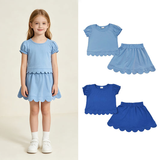 RTS Sibling cotton Baby Girls Blue Print Short Ruffle Sleeve Top Matching Scallop Skort Two Piece Clothes Set