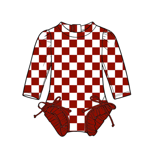 3.6 CUSTOM MOQ 5 Baby Girl Red Plaid Team Long Sleeve One Pieces Swimsuits