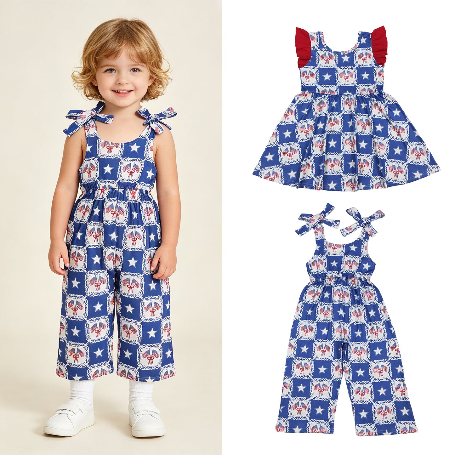 RTS Sibling Flutter sleeves flag bow stars girls 4th of july dresses and jumpsuit