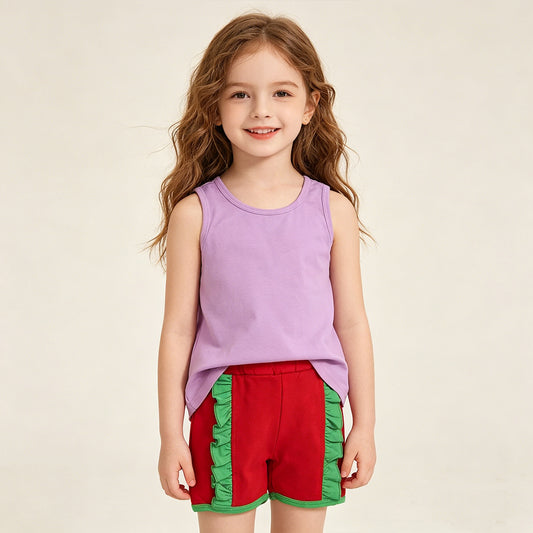 GSSO3465 RTS NO MOQ （In stock ）Sleeveless bow purple top red shorts princess girls outfits