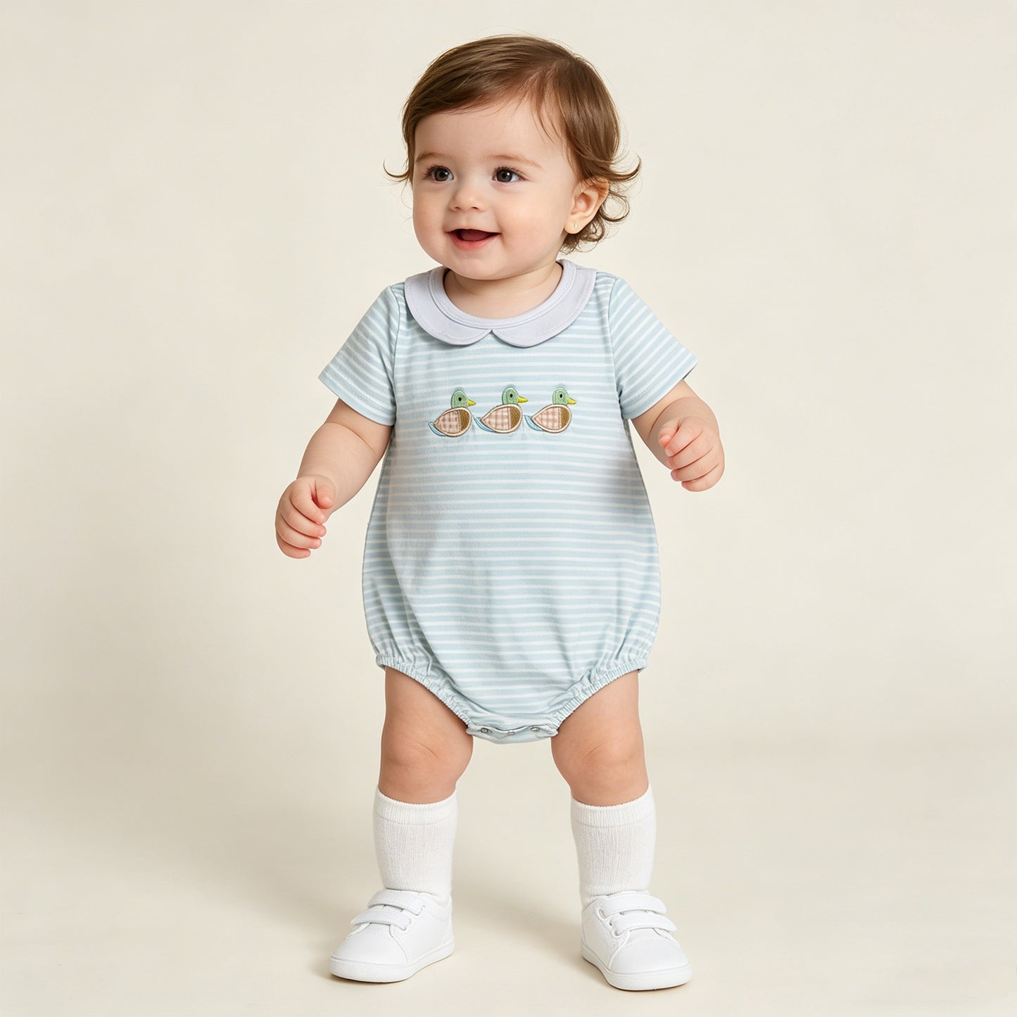 SR4081 RTS NO MOQ （In stock）Short sleeves duck embroidery baby boy summer romper