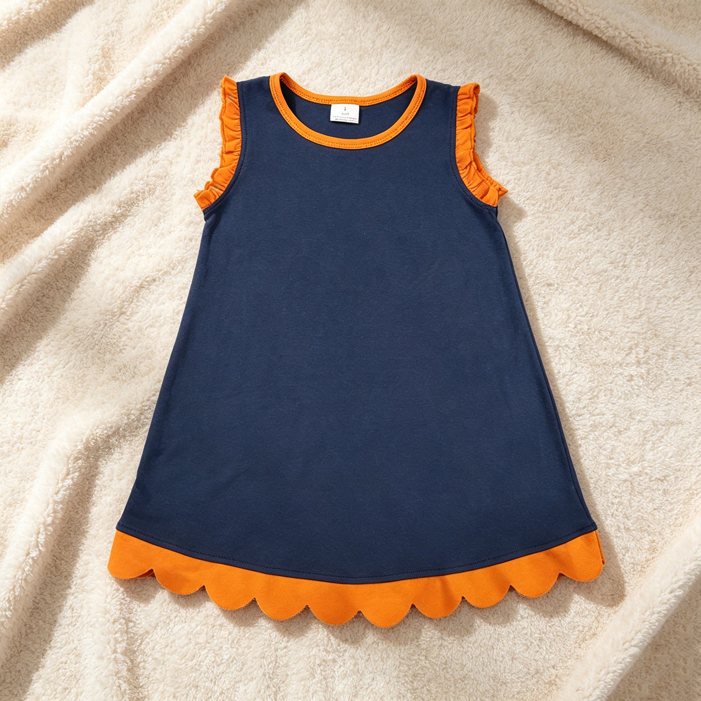 GSD4062 RTS NO MOQ （In stock）Orange scallop ruffle sleeveless navy girls cotton team dress