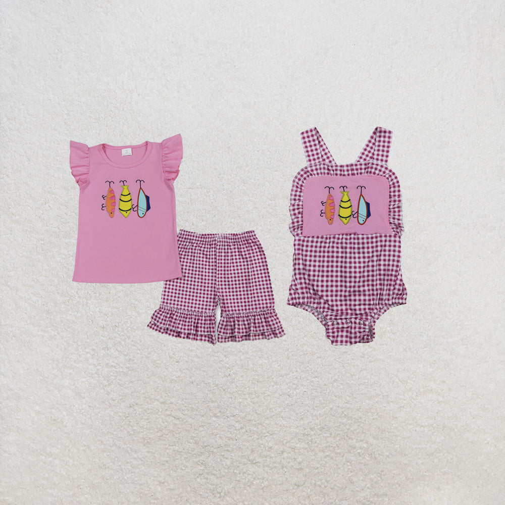 RTS Sibling Short sleeves fishing top plaid shorts kids girls outfits and romper