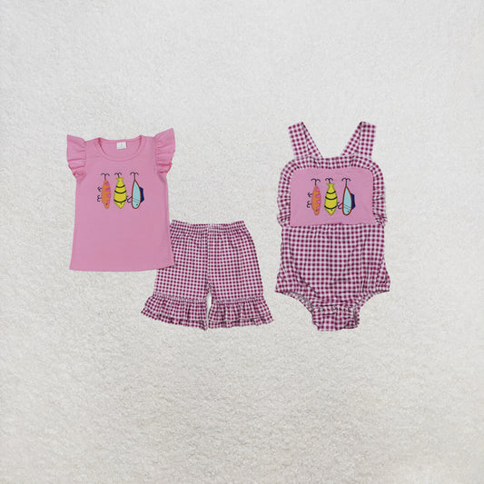 RTS Sibling Short sleeves fishing top plaid shorts kids girls outfits and romper