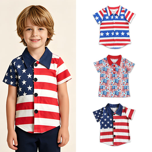 RTS Sibling Short sleeves flag stars boys 4th of july polo shirt