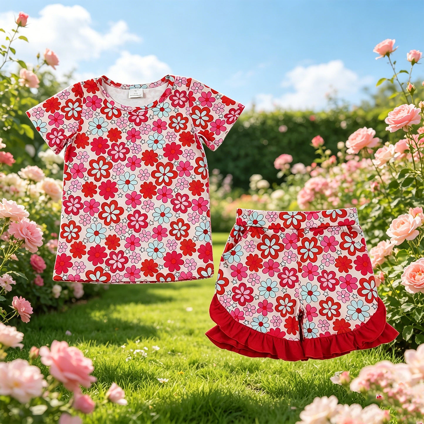 GSSO3471 RTS NO MOQ （In stock ）Short sleeves floral top red ruffle shorts girls outfits