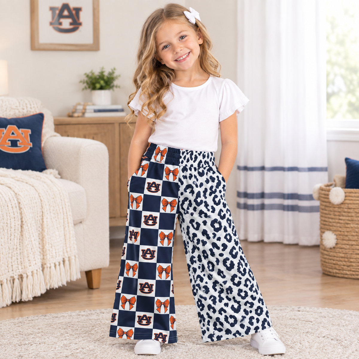 RTS NO MOQ （In stock）milk silk P1120 Baby Girls Bows Leopard Team Pockets Flare Pants Bottom