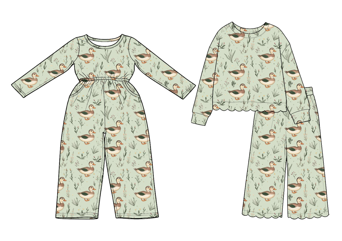 (Preorder new) No moq cotton Baby Girls Duck Print Jumpsuit And Girls Scalloped Top Wide Leg Pants Set