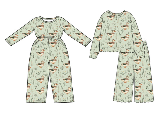 (Preorder new) No moq cotton Baby Girls Duck Print Jumpsuit And Girls Scalloped Top Wide Leg Pants Set