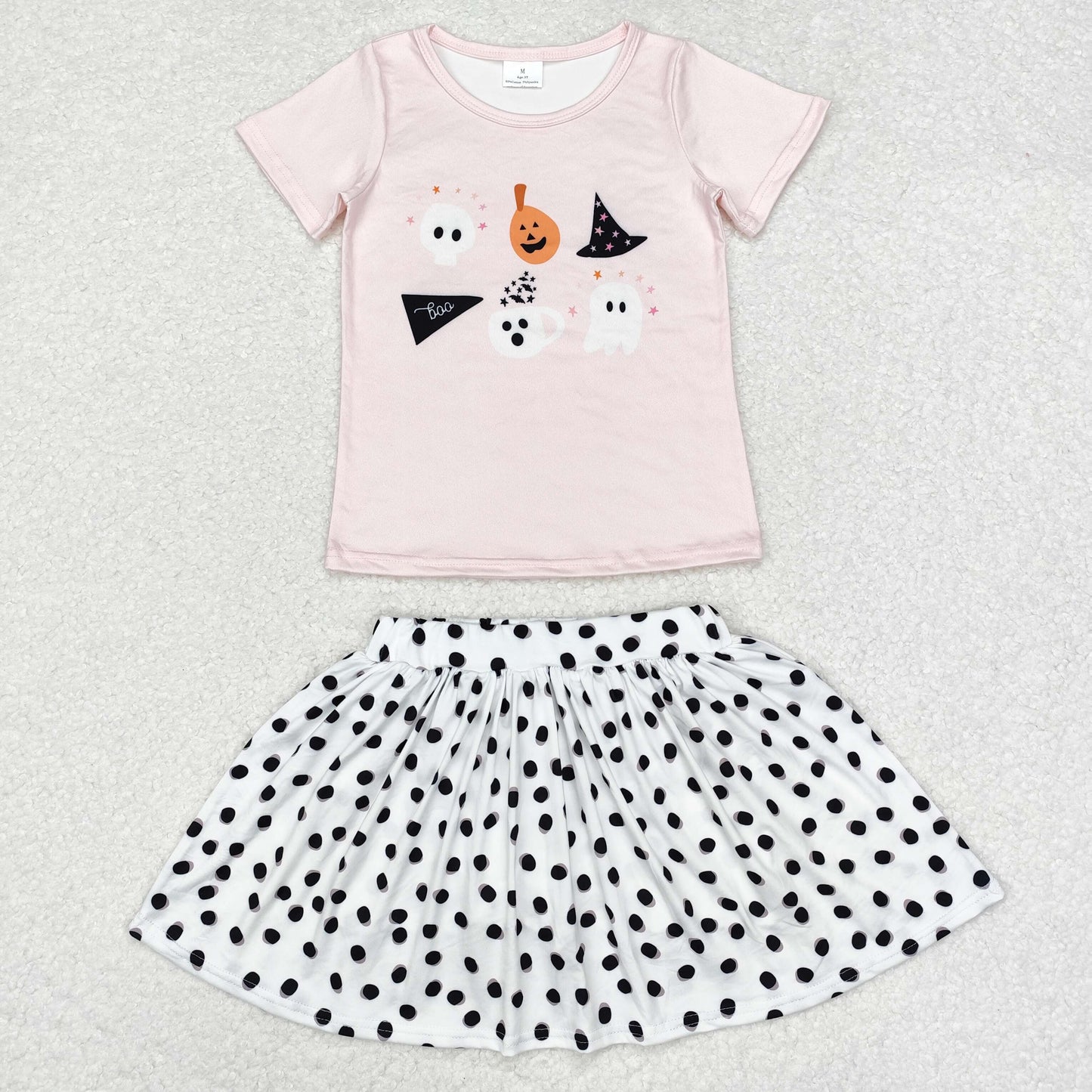 RTS NO MOQ ETA 5/7days GT0698+GLK0031 Halloween ghost pumpkin pink short-sleeved top Black polka dot white skirt sets