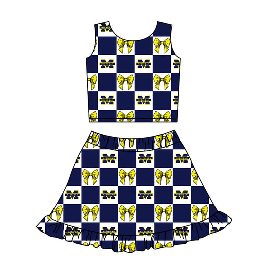 CUSTOM MOQ 5 Kids Clothing for Girls Baby Girls Blue M Plaid Top Skirts Yoga Active Team Clothes Sets