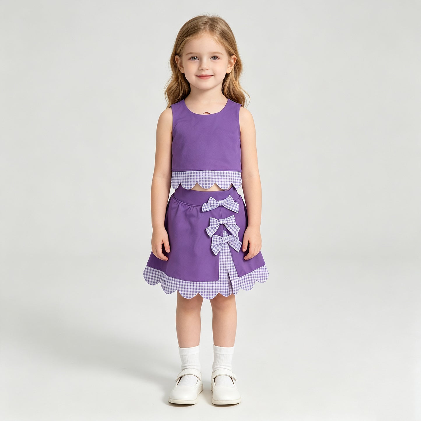 GSD4225 RTS NO MOQ （In stock） Baby Girls Purple Sleeveless Vest Bows Scallop Skirt Shorts Yoga Active Set