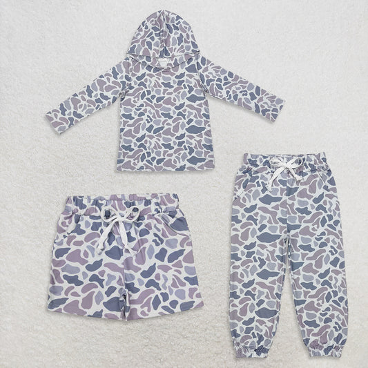 USA Warehouse (IN STOCK)  Kids Boys Grey Camo Baby Clothing Set Hoodie Pocket Pants And Shorts Boys Outfit