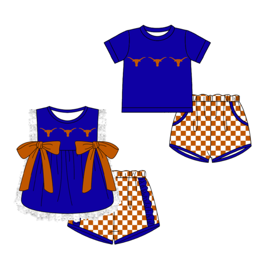 CUSTOM MOQ 5 Cute Comfortable Clothing For Kids Sibling Boys Baby Girls Summer Blue Bow Top Brown Checked Shorts Team Clothes Sets