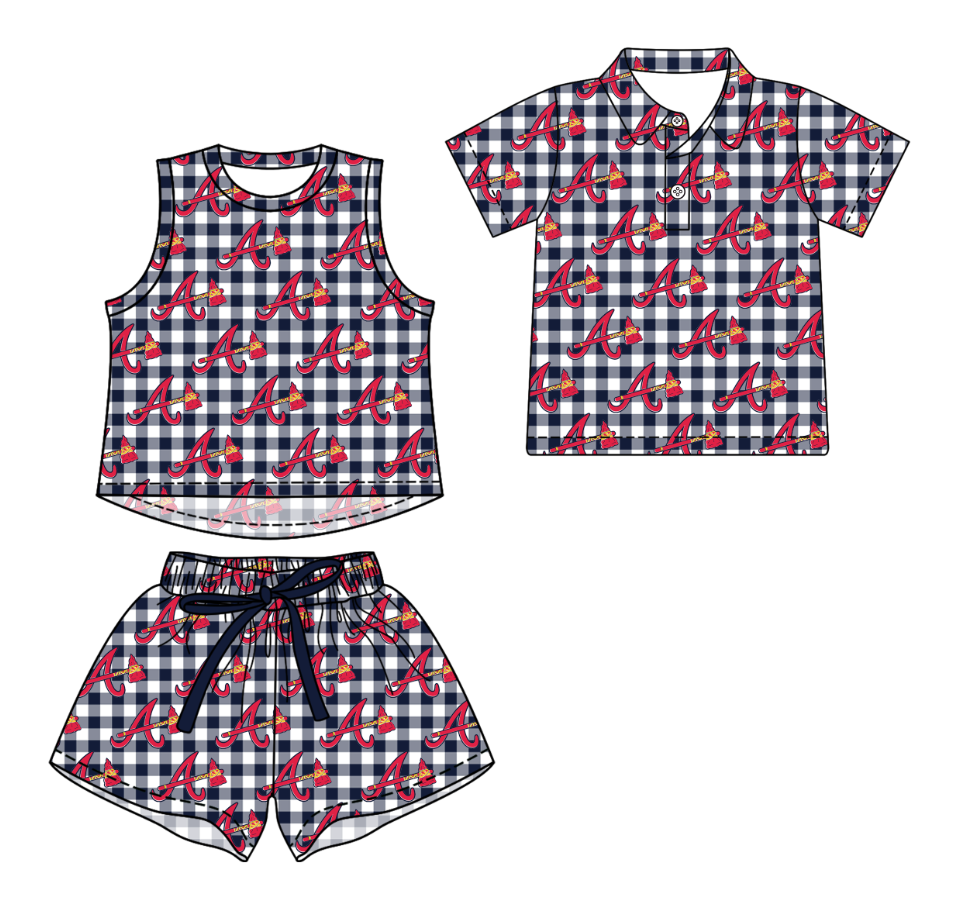 3.14 CUSTOM MOQ 5 Sibling Boys Baby Girls Summer Fashion Gray Check Sleeveless Top Shorts Button Polo Shirts Team Clothes Sets