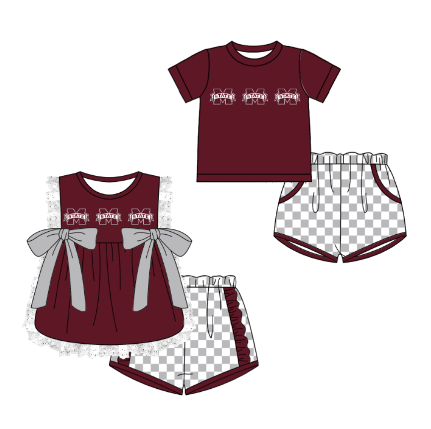 CUSTOM MOQ 5 Cute Comfortable Clothing For Kids Sibling Boys Baby Girls Summer Dark Red Top Checked Shorts Team Clothes Sets