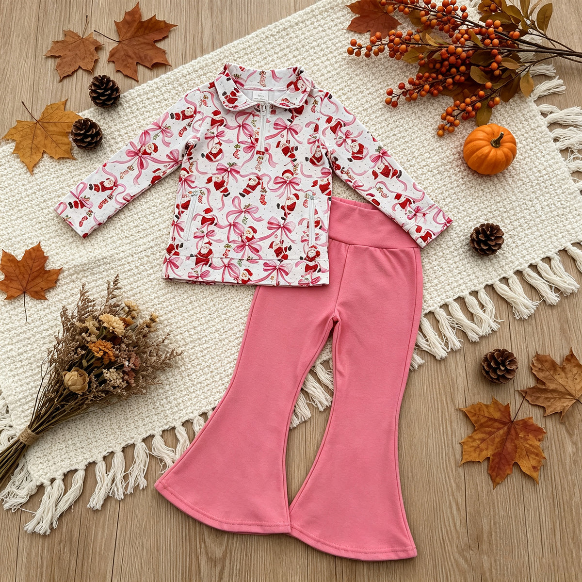 RTS NO MOQ （In stock）milk silk  GLP3508 Baby Girls Bows Santa Zip Pockets Pullovers Flare Pant Christmas Clothes Set