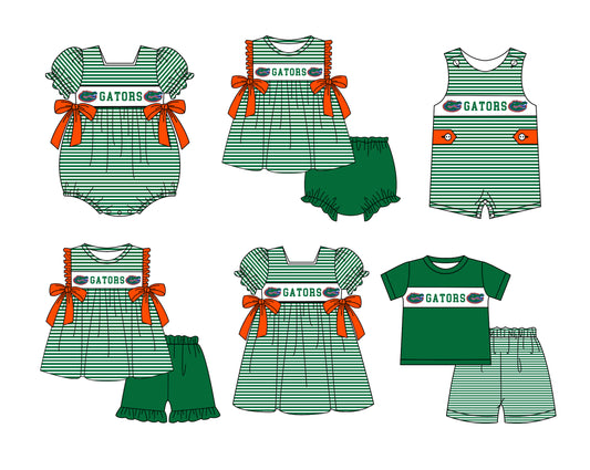 CUSTOM MOQ 5 Sibling Baby Kids Green Stripe Top Ruffles Shorts Clothes Set Knee Length Dress Rompers