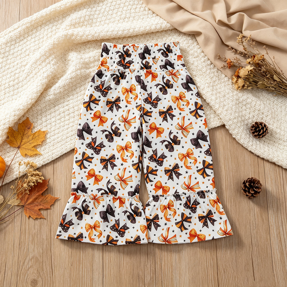 RTS NO MOQ （In stock） milk silk P1068 Baby Girls Black Orange Bows Stars Halloween Ruffle Flare Pants Bottom