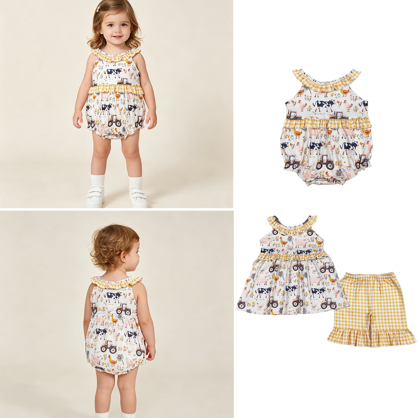 RTS Sibling Sleeveless farm ruffle tunic yellow plaid shorts girls outfits and romper