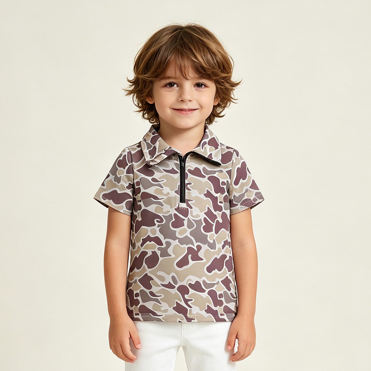 BT1727 RTS NO MOQ （In stock）Baby Boys Short Sleeve Southern Grey Camo Zipper Pullovers Top