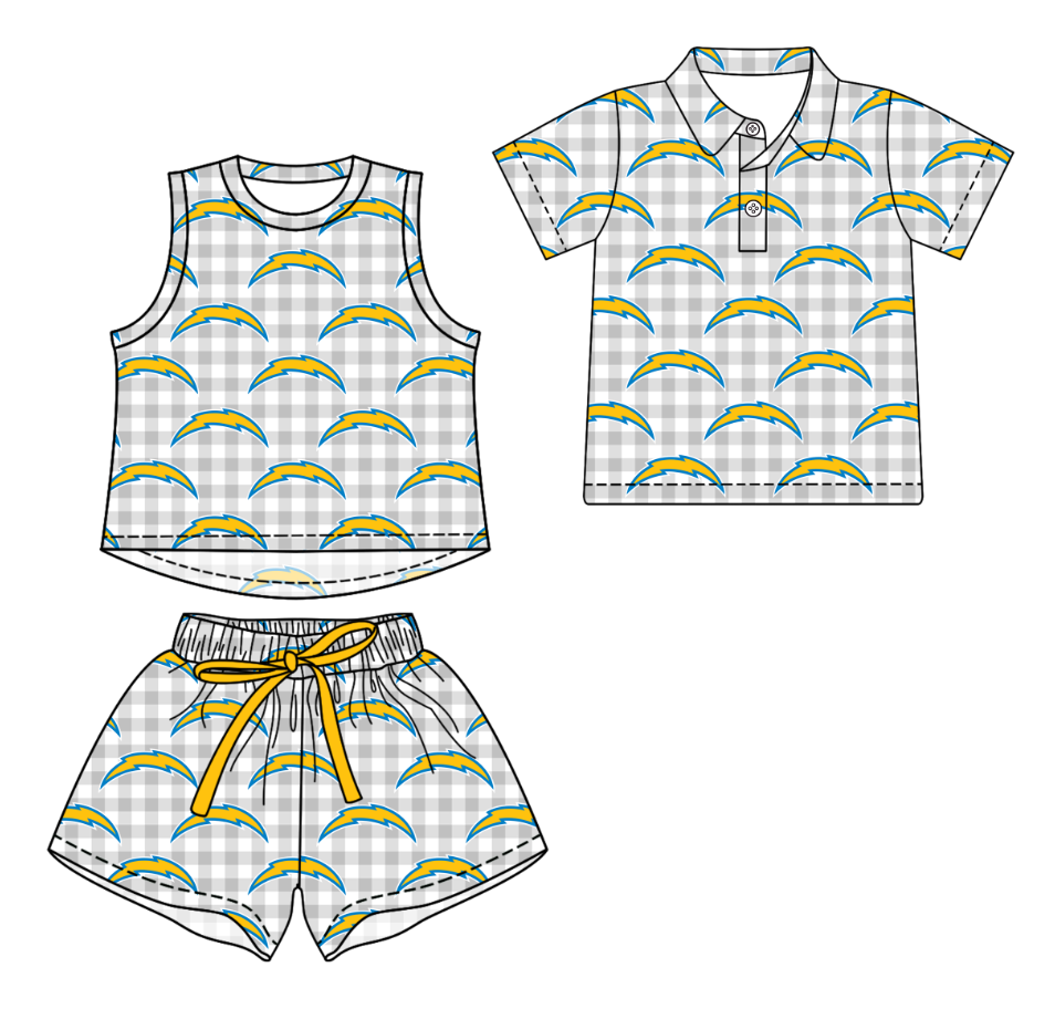 3.16 CUSTOM MOQ 5 Sibling Boys Baby Girls Summer Fashion Gray Check Sleeveless Top Shorts Button Polo Shirts Team Clothes Sets