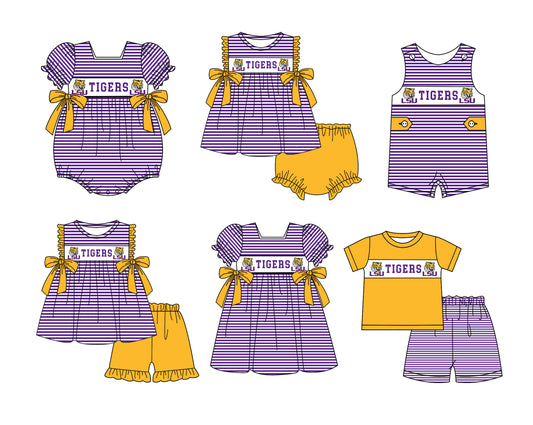 CUSTOM MOQ 5 Sibling Baby Kids Purple Stripe Top Ruffles Shorts Clothes Set Knee Length Dress Rompers