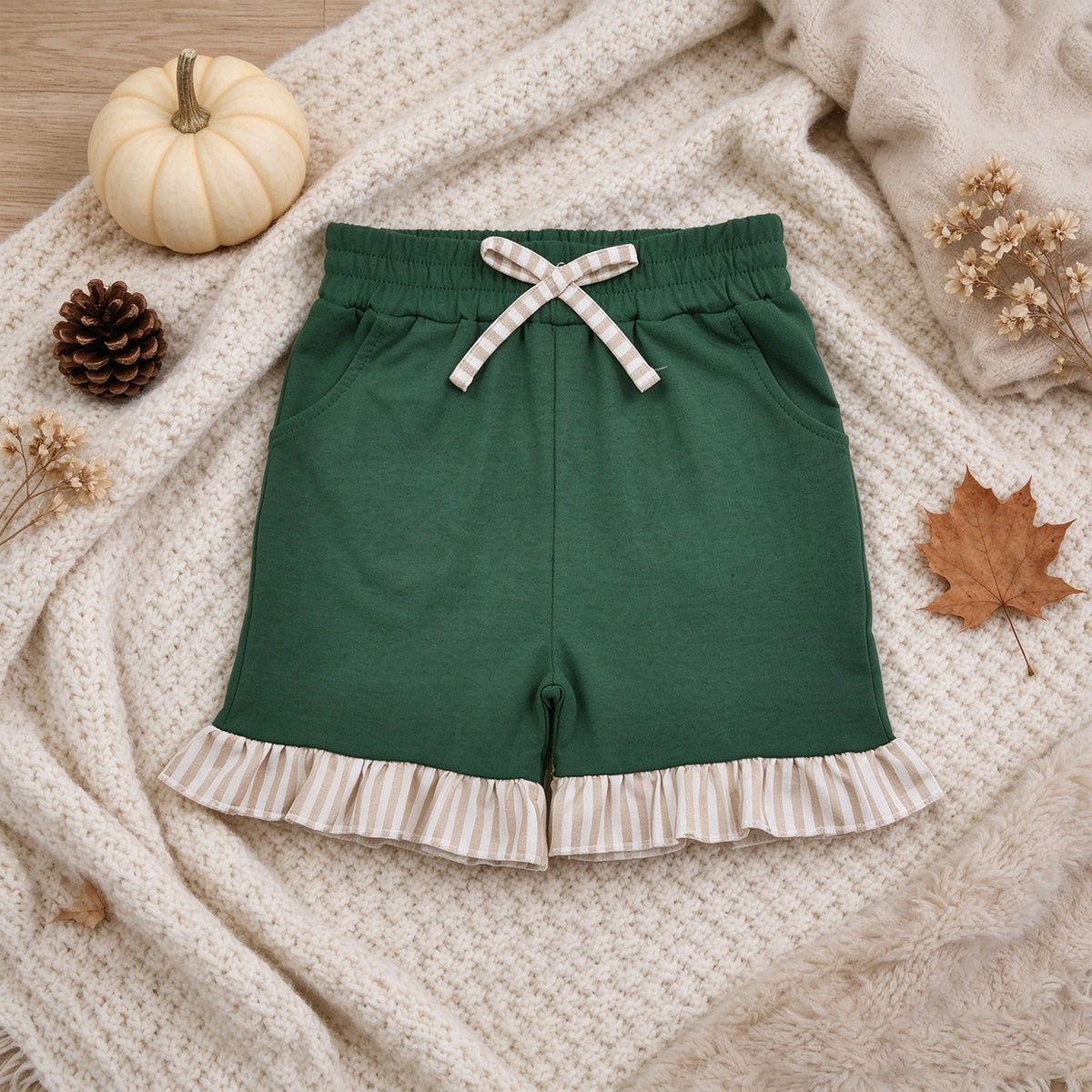 RTS NO MOQ （In stock）milk silk Baby Girls Green Stripe Bow Pockets Shorts Bottom