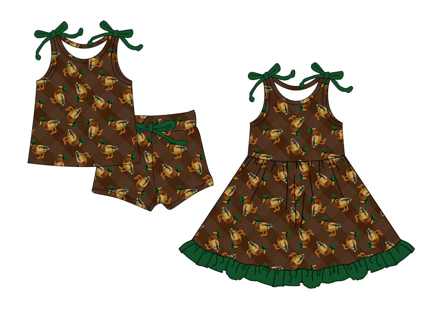 CUSTOM MOQ 5 Sibling Baby Girls Sleeveless Green Ducks Shorts Knee Length Dresses Clothes Sets