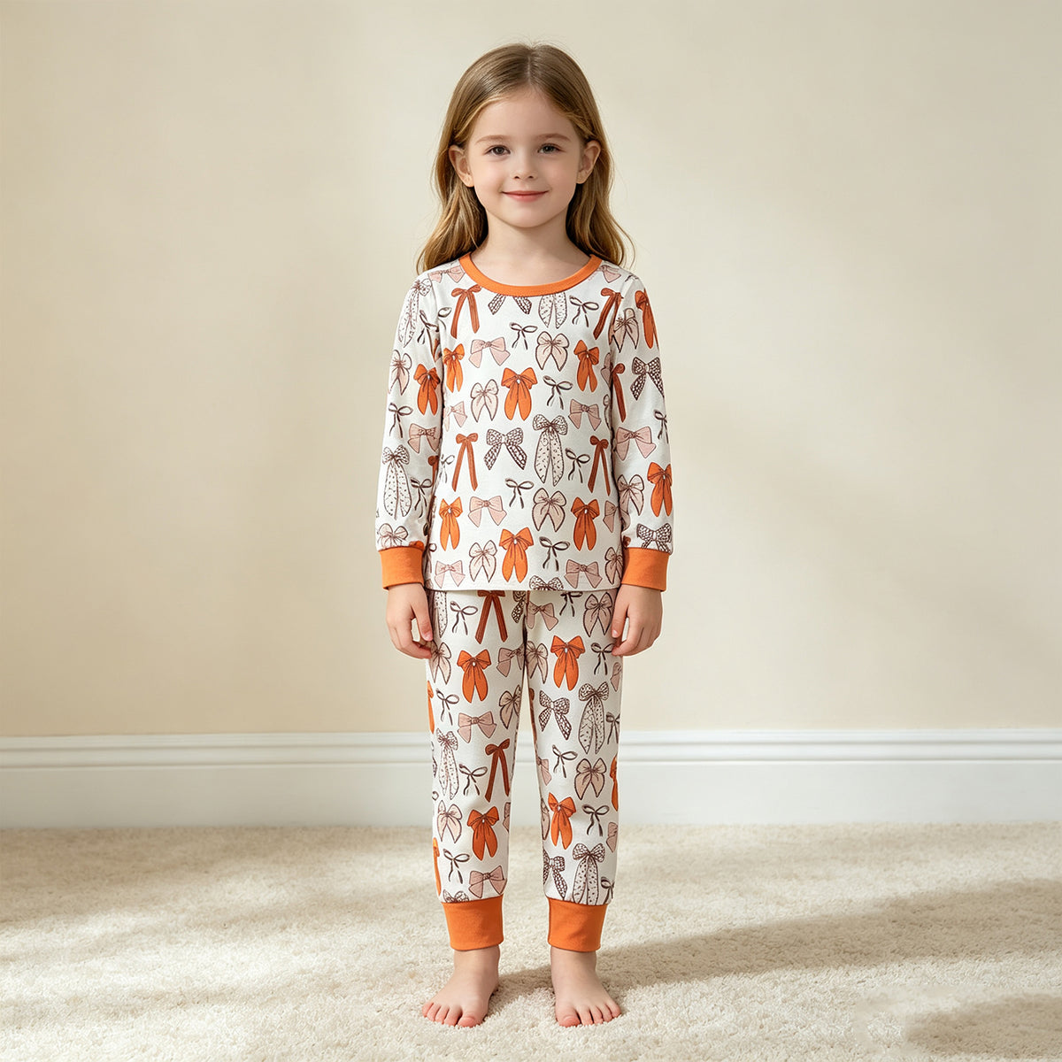 RTS NO MOQ （In stock）milk silk GLP3531 Baby Girls Long Sleeve Bows Plaid Top Pant Fall Pajamas Sets