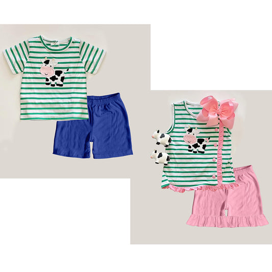 Baby Boys Yellow Dog Top Checkered Shorts Clothes Sets and Baby Girls Green Stripes Cow Top Ruffle Shorts Clothes Sets Preorder