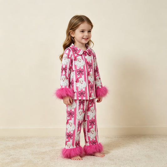RTS NO MOQ （In stock）milk silk GLP3478 Baby Girls Pink Stripe Bows Santa Button Top Pant Christmas Fur Sleeves Pajamas Set