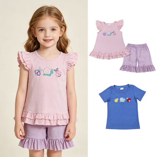 RTS NO MOQ （In stock ）Blue cotton short sleeves snail embroidery boys shirt and Flutter sleeves bee snails girls outfits