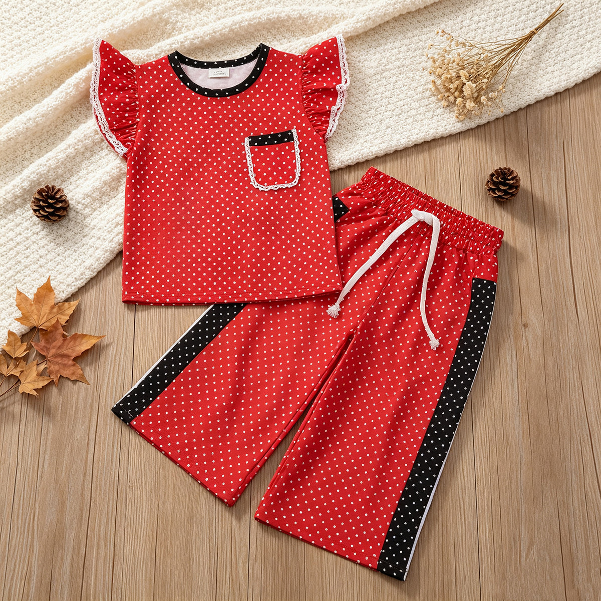RTS NO MOQ （In stock）milk silk GSPO2370  Baby Girls Red Black Polka Dots Pocket Top Flare Pant Clothes Set