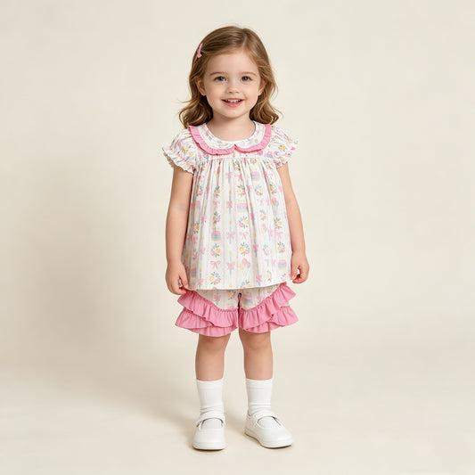 GSSO3445 RTS NO MOQ （In stock ）Short sleeves balloon floral bow girls happy birthday outfits