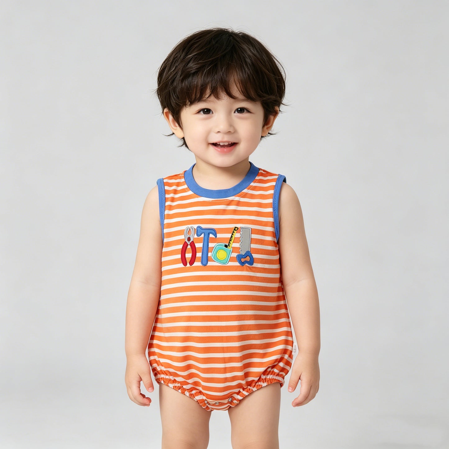 4.14 SR3943 RTS NO MOQ （In stock）Sleeveless orange stripe tools embroidery boy romper