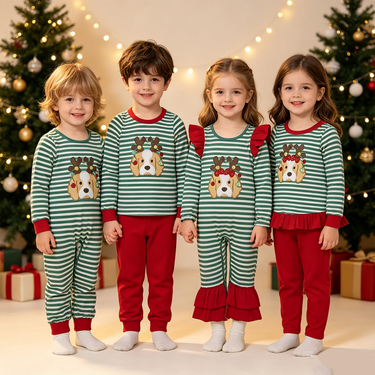 RTS NO MOQ Sibling milk silk Embroidery Baby Boys Girls Green White Stripe Christmas Reindeer Dog Print Romper And Ruffle Top Red Pant Set