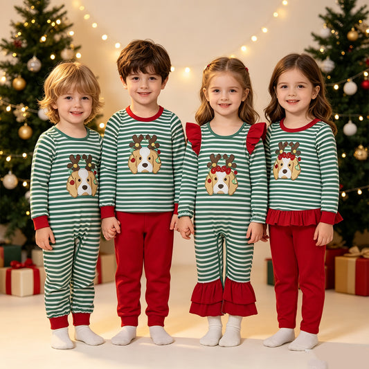 RTS NO MOQ Sibling milk silk Embroidery Baby Boys Girls Green White Stripe Christmas Reindeer Dog Print Romper And Ruffle Top Red Pant Set